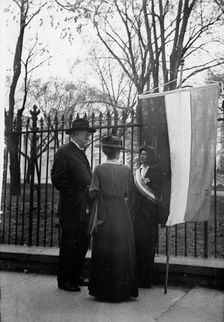 Woman Suffrage - David Starr Jordan And Wife Talking with White House Picket, 1917. Creator: Harris & Ewing
