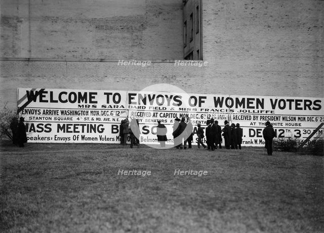 Woman Suffrage Sign: Welcome To Envoys of Women Voters, 1915. Creator: Harris & Ewing.
