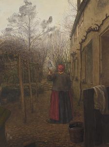 Woman Sweeping the Yard outside the Inn at Vaugirard, 1865. Creator: Leon Bonvin