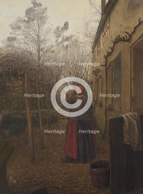 Woman Sweeping the Yard outside the Inn at Vaugirard, 1865. Creator: Leon Bonvin.