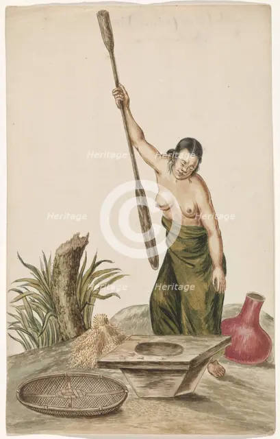 Woman pounding rice in a pestle and mortar, 1675-c.1725.  Creator: Anon.