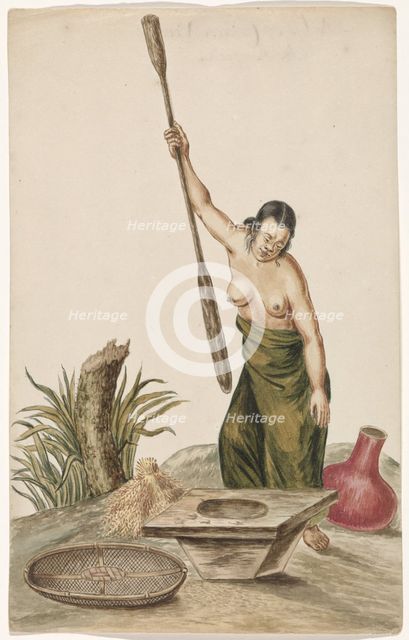 Woman pounding rice in a pestle and mortar, 1675-c.1725.  Creator: Anon.