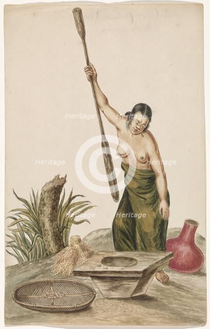 Woman pounding rice in a pestle and mortar, 1675-c.1725.  Creator: Anon.