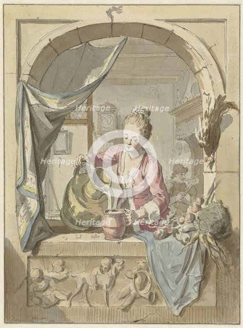 Woman pours milk from a jug, in a window, 1748-1798. Creator: Willem Joseph Laquy.