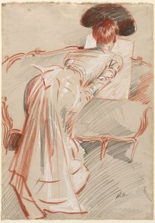 Woman (Possibly Madame Alice Hellu) Looking at a Drawing, c. 1895. Creator: Paul César Helleu (French, 1859-1927)