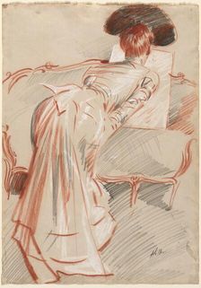Woman (Possibly Madame Alice Hellu) Looking at a Drawing, c. 1895. Creator: Paul César Helleu (French, 1859-1927)