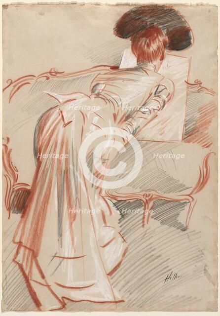 Woman (Possibly Madame Alice Hellu) Looking at a Drawing, c. 1895. Creator: Paul César Helleu (French, 1859-1927).