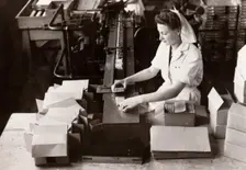 Woman packing Kit Kat into boxes, Rowntree factory, York, Yorkshire, 1949