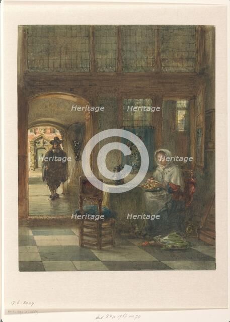 Woman peeling apples, and a man in the hallway, 1831-1892.  Creator: Johannes Anthonie Balthasar Stroebel.