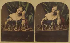Woman playing chess by herself, about 1860. Creator: Ledot