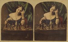 Woman playing chess by herself, about 1860. Creator: Ledot