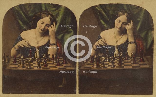 Woman playing chess by herself, about 1860. Creator: Ledot.
