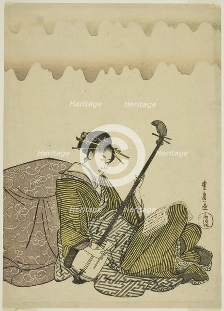 Woman playing shamisen, from an untitled series of women at leisure, c. 1795/1800. Creator: Utagawa Toyohiro.