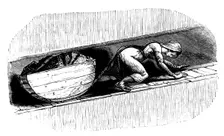 Woman putter dragging a sledge of coal along a narrow seam, South Wales, c1848. Creator: Unknown