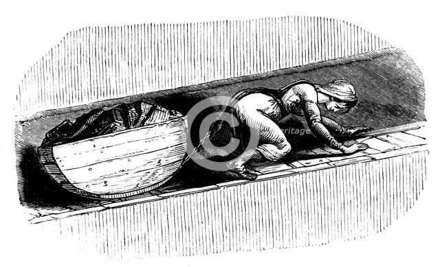 Woman 'putter' dragging a sledge of coal along a narrow seam, South Wales, c1848. Artist: Unknown