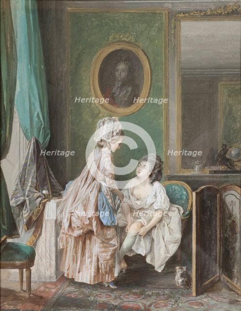 Woman pulling on her stocking, 1776.
