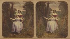 Woman pushing another woman in a swing, about 1865. Creator: London Stereoscopic & Photographic Co