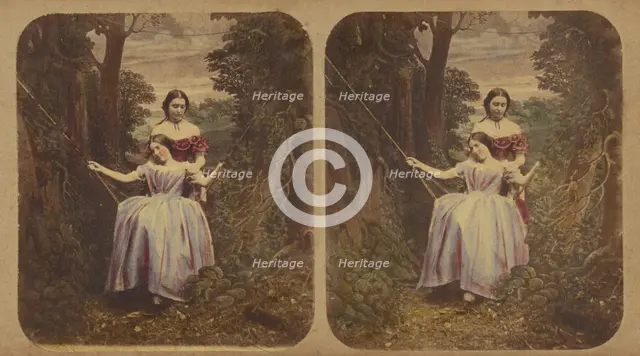 Woman pushing another woman in a swing, about 1865. Creator: London Stereoscopic & Photographic Co.