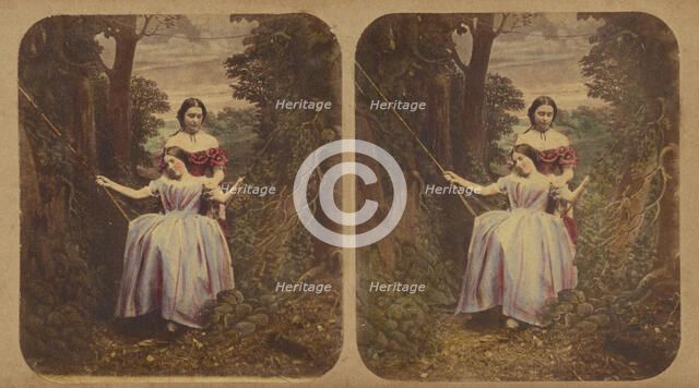 Woman pushing another woman in a swing, about 1865. Creator: London Stereoscopic & Photographic Co.