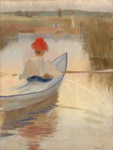 Woman Rowing, Wearing a Red Hat, 1889. Creator: Torsten Wasastjerna
