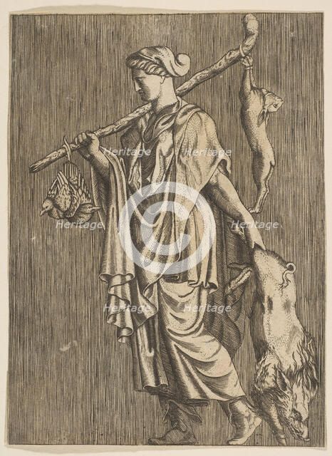 Woman returning from a hunt carrying a boar in her left hand and a stick on her r..., ca. 1515-1600. Creator: Unknown.