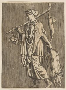 Woman returning from a hunt carrying a boar in her left hand and a stick on her r..., ca. 1515-1600. Creator: Unknown