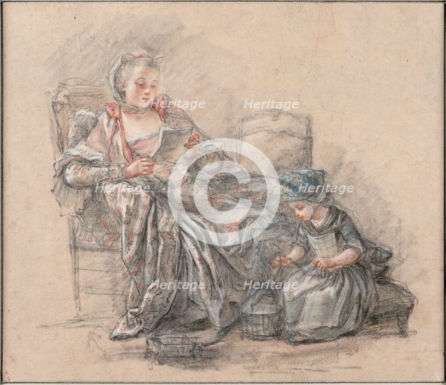 Woman Reading and a Girl Playing (Marquise de Pompadour with her daughter Alexandrine), ca 1748. Artist: Guérin, François (1751-1791)