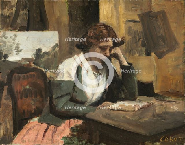 Woman Reading in the Studio, c. 1868. Creator: Jean-Baptiste-Camille Corot.
