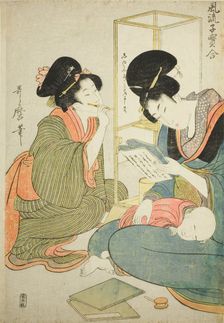 Woman Reads while Child Sleeps on her Lap, from the series "Elegant Comparison..., Japan, c. 1802. Creator: Kitagawa Utamaro