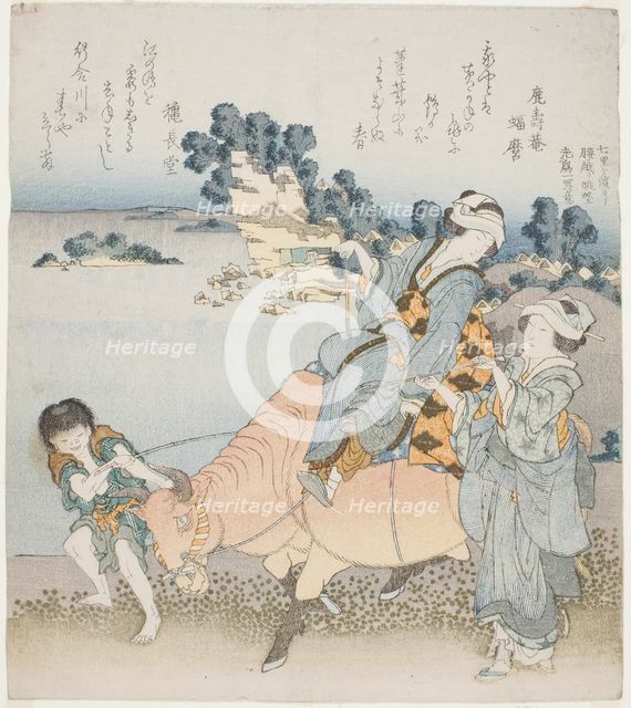 Woman riding an ox, Japan, 1829. Creator: Hokusai.