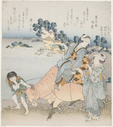 Woman riding an ox, Japan, 1829. Creator: Hokusai