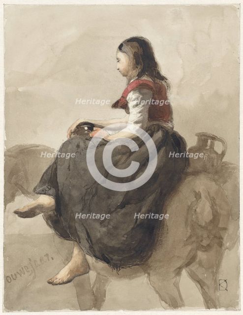 Woman riding side-saddle on a horse with two jugs, 1841-1857. Creator: Johan Daniel Koelman.