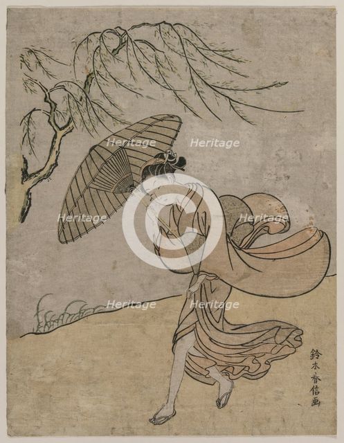 Woman Running Past a Willow Tree in a Breeze, 1766 or 1767. Creator: Suzuki Harunobu (Japanese, 1724-1770).