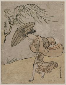 Woman Running Past a Willow Tree in a Breeze, 1766 or 1767. Creator: Suzuki Harunobu (Japanese, 1724-1770)