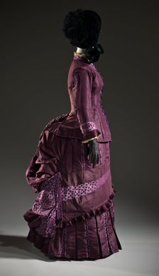 Woman’s 2-piece silk bustle dress, France, c.1885. Creator: Unknown