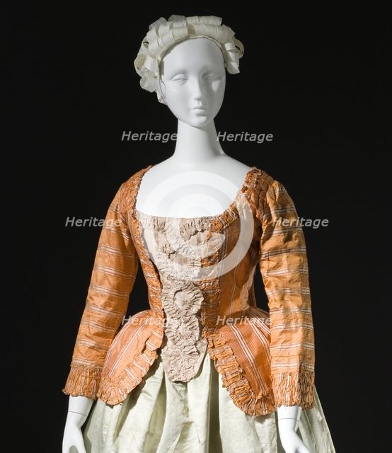 Woman's striped silk sack-back jacket (caraco), Europe, c.1760, altered c.1780. Petticoat: c.1785. Creator: Unknown.