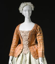 Woman's striped silk sack-back jacket (caraco), Europe, c.1760, altered c.1780. Petticoat: c.1785. Creator: Unknown