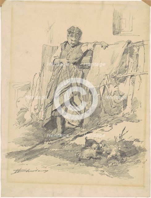 Woman Watching Puppies, late 19th century. Creator: Walter Shirlaw.