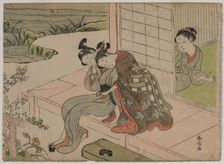 Woman Watching Young Couple Embrace on a Veranda, late 1760s. Creator: Suzuki Harunobu (Japanese, 1724-1770)