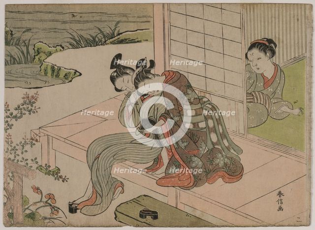 Woman Watching Young Couple Embrace on a Veranda, late 1760s. Creator: Suzuki Harunobu (Japanese, 1724-1770).
