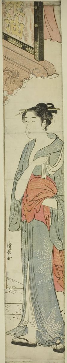 Woman Walking under a Store Sign, c. 1784. Creator: Torii Kiyonaga