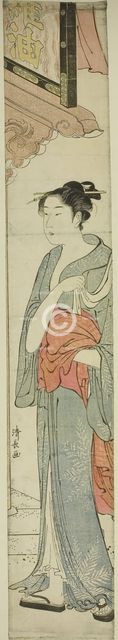 Woman Walking under a Store Sign, c. 1784. Creator: Torii Kiyonaga.