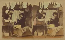 Woman washing clothes, man seated holding a bottle, clothes hung up overhead, about 1865. Creator: London Stereoscopic & Photographic Co