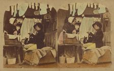 Woman washing clothes, man seated holding a bottle, clothes hung up overhead, about 1865. Creator: London Stereoscopic & Photographic Co