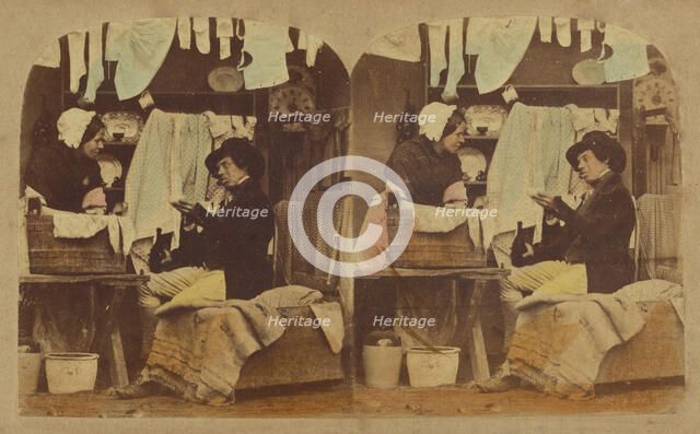 Woman washing clothes, man seated holding a bottle, clothes hung up overhead, about 1865. Creator: London Stereoscopic & Photographic Co.
