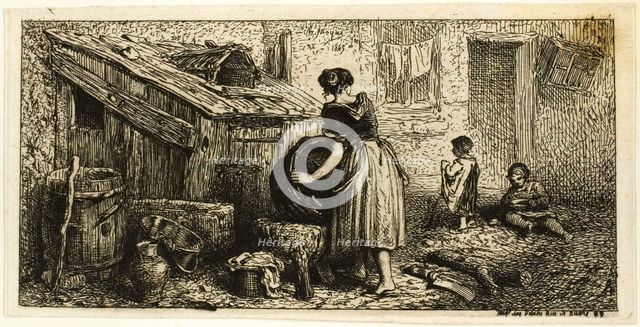 Woman Washing Pots, with Children, 1845. Creator: Charles Emile Jacque.