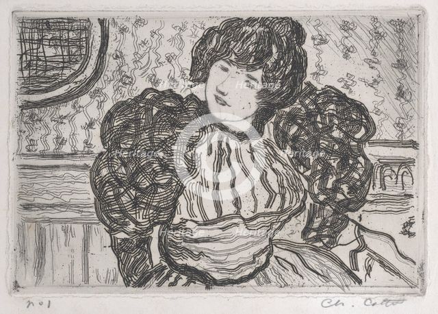 Woman wearing a dress with puffy sleeves, ca. 1906. Creator: Charles Cottet.