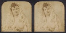 Woman wearing a lace mantilla with breasts exposed, 1855-1860. Creator: Unknown