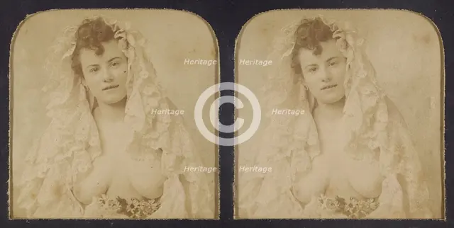 Woman wearing a lace mantilla with breasts exposed, 1855-1860. Creator: Unknown.