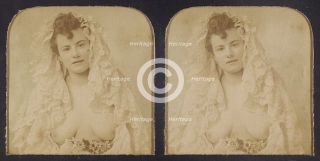 Woman wearing a lace mantilla with breasts exposed, 1855-1860. Creator: Unknown.